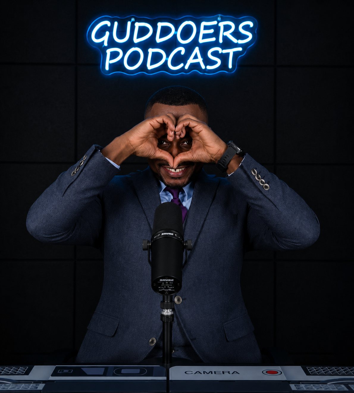 Tony Morris Agbor making a heart gesture in the Guddoers studio